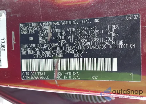 2007 Toyota Tundra Sr5 V8 из США, поврежденный, VIN 5TFRV54157X014065